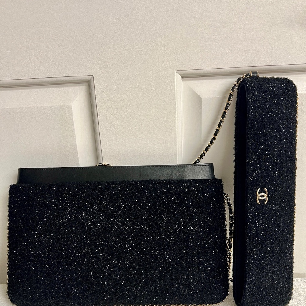 Chanel Black Sparkle Tweed Tablet Case/Purse With Chain Strap - Picture 3 of 7